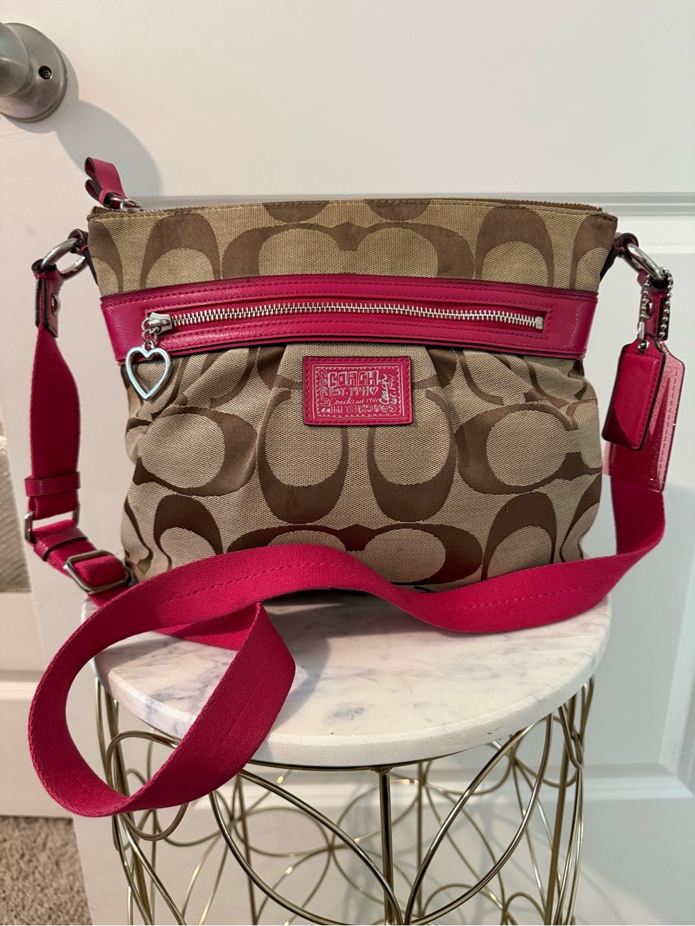 COACH Pink and Brown with Heart and Pink Coach Charms with Shoulder Strap